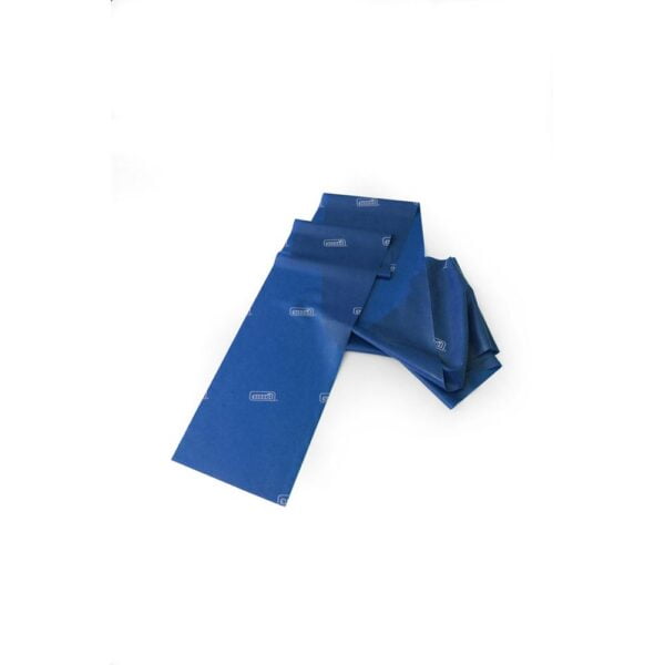 A blue Sissel essential fitband partly laid out flat and then folded over repeatedly at the top on a white background