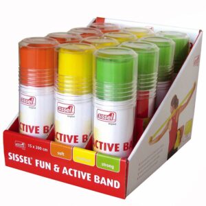 On a white background is a display box containing 12 fun and active bands. They are in plastic tubes and lined up in rows of 4 orange, 4 yellow and 4 green. The display box is taller at the back than the front so you can see the bands in it. At the font of the box it says Sissel Fun & Active band. 15 x 200cm Soft medium strong.