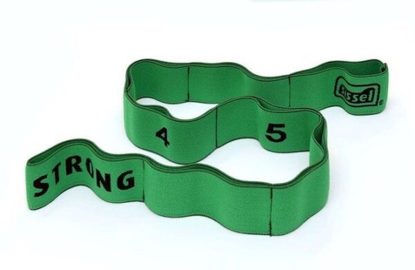 Green SISSEL® X-Tension band you can see the Sissel logo the word medium of the left of the band. You can see the numbers 4 and 5 and you can see that there are loops at either end and also for each number along the band.