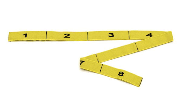Yellow SISSEL® X-Tension band it has black numbers with a vertical black line in between each number. You can see the numbers 1,2,3,4,7,8.